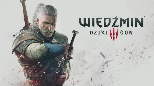 Geralt z Rivii, gotowy do walki, z mieczem w dłoni. Tytuł gry "Wiedźmin: Dziki Gon" sugeruje nadchodzącą, epicką przygodę.
