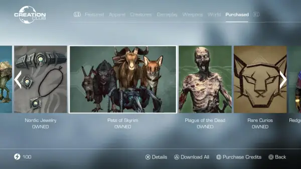 Menu gry Skyrim Anniversary Edition: co zawiera. Widoczne DLC: Nordic Jewelry, Pets of Skyrim, Plague of the Dead, Rare Curios.